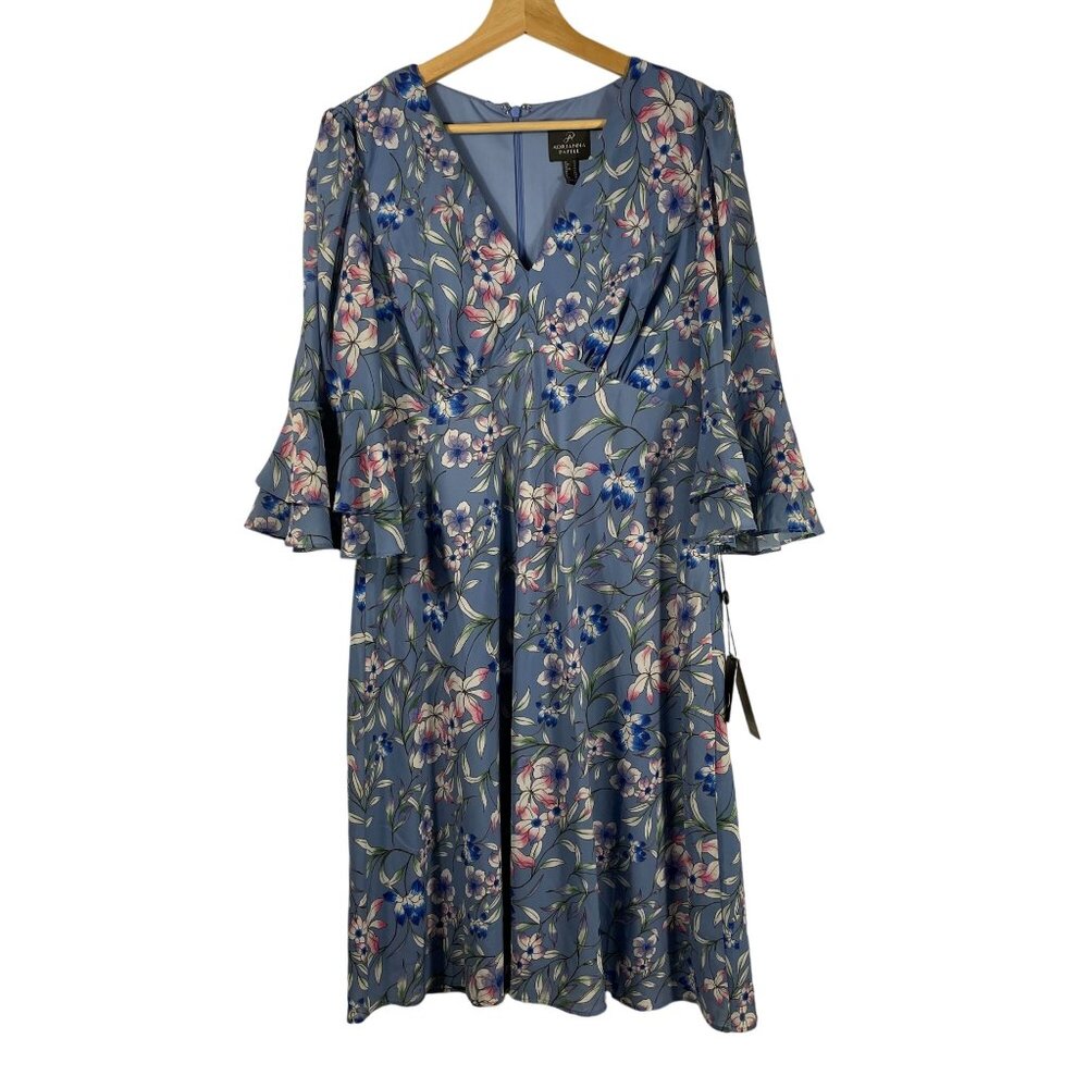 NWT Adrianna Papell Women's Floral V-neck Midi Dress Blue Size 12 Bell Sleeve